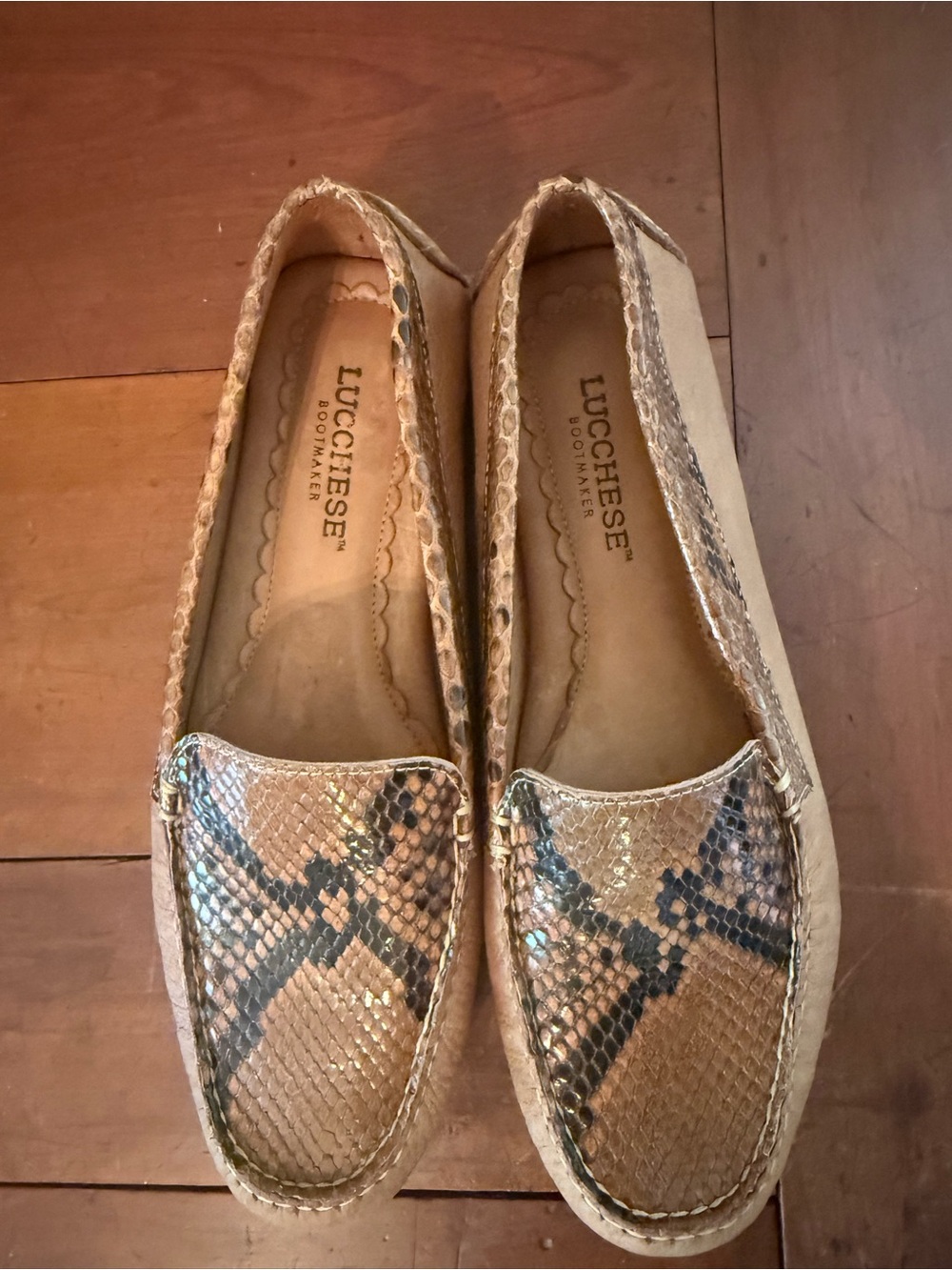 Lucchese python and tan leather driving moccasin loafers ft a snakeskin vamp